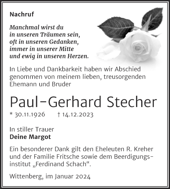 Traueranzeige von Paul-Gerhard Stecher von Trauerkombi Wittenberg