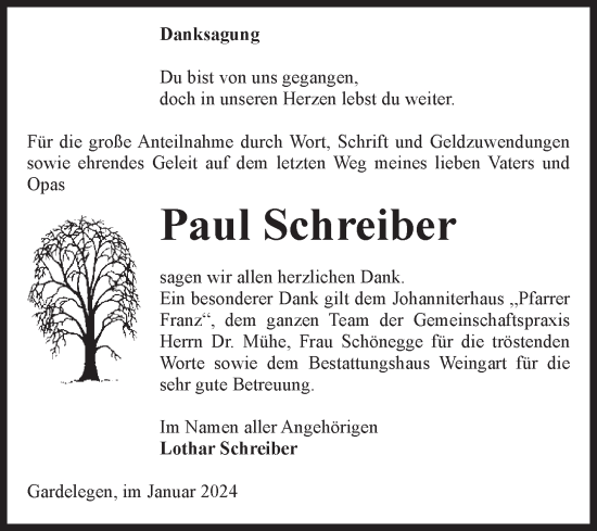 Traueranzeige von Paul Schreiber von Volksstimme Altmark West