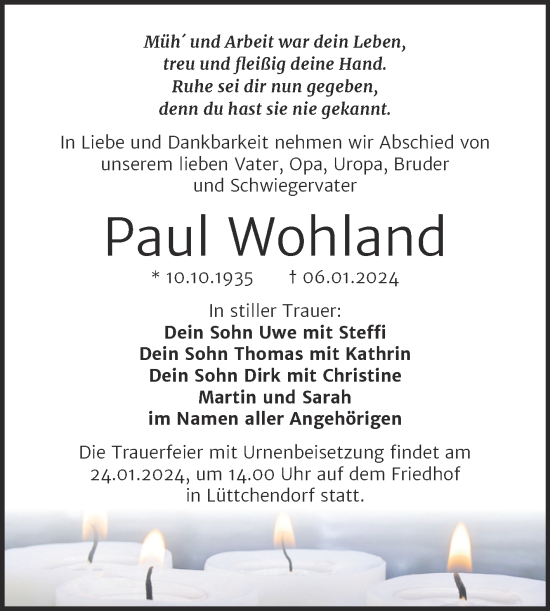 Traueranzeige von Paul Wohland von Trauerkombi Mansfelder Land