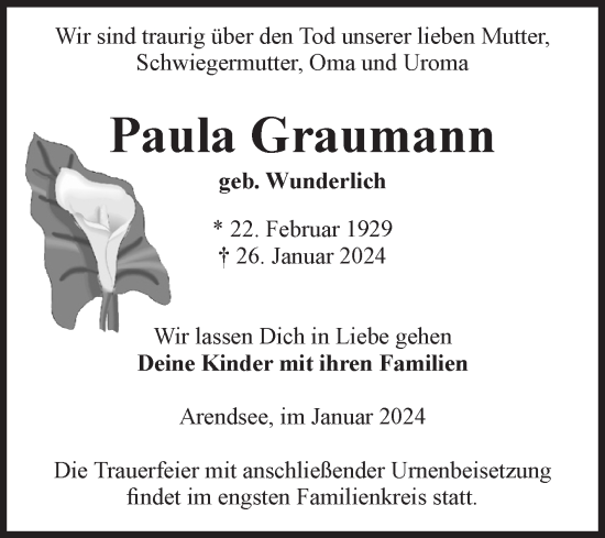 Traueranzeige von Paula Graumann von Volksstimme Altmark West