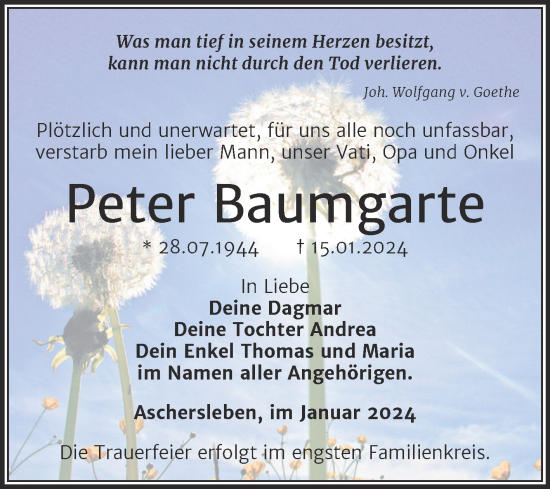 Traueranzeige von Peter Baumgarte von Trauerkombi Aschersleben
