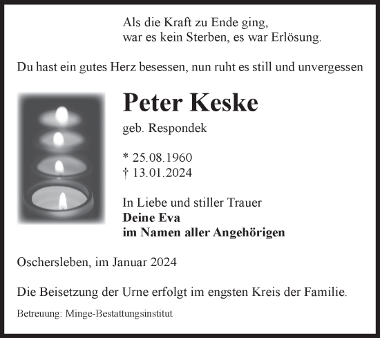 Traueranzeige von Peter Keske von Volksstimme Oschersleben/Wanzleben