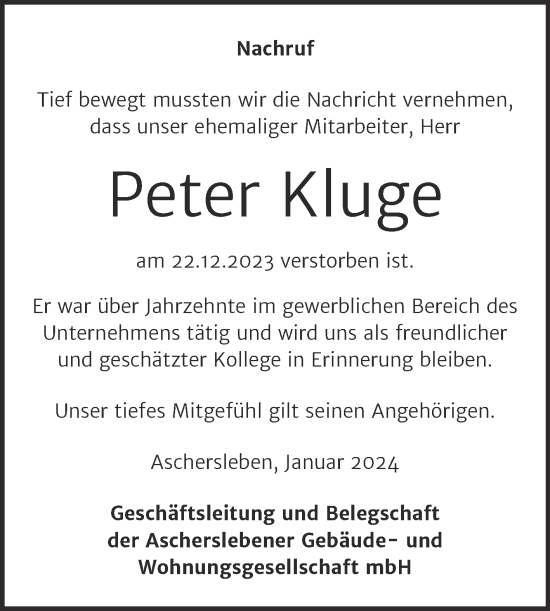 Traueranzeige von Peter Kluge von Super Sonntag Aschersleben