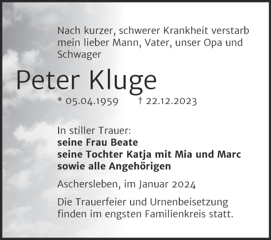 Traueranzeige von Peter Kluge von Trauerkombi Aschersleben