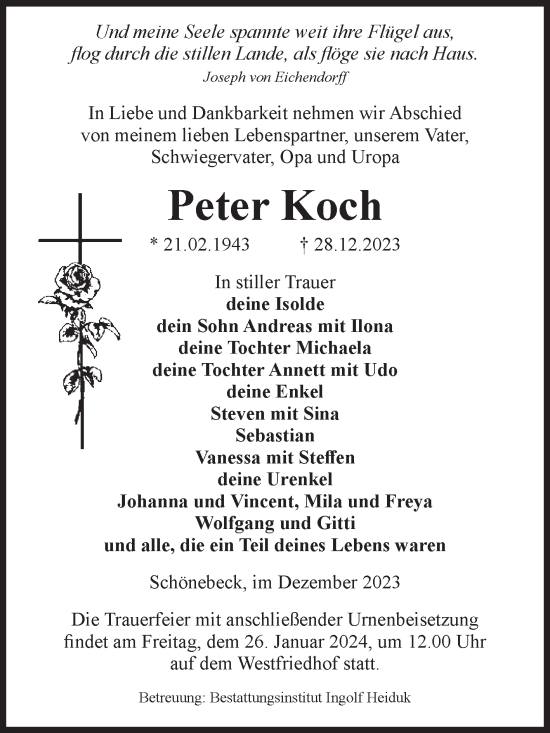 Traueranzeige von Peter Koch von Volksstimme Schönebeck