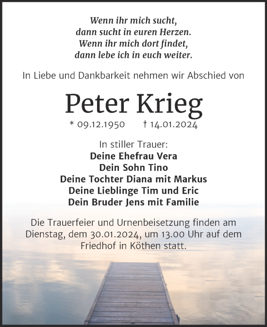 Traueranzeige von Peter Krieg von Trauerkombi Köthen
