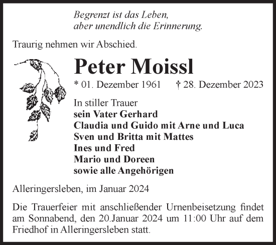 Traueranzeige von Peter Moissl von Volksstimme Haldensleben/Wolmirstedt