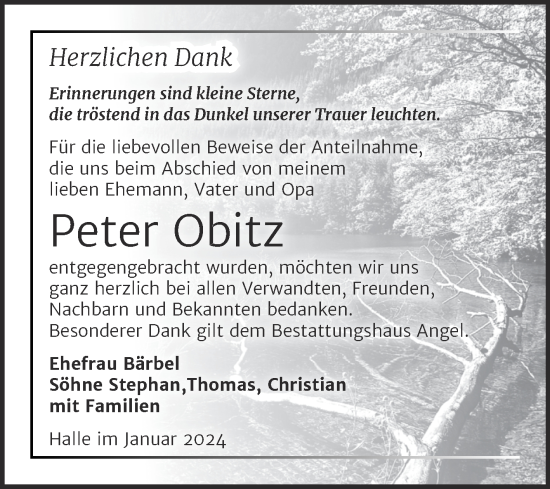 Traueranzeige von Peter Obitz von Mitteldeutsche Zeitung Halle/Saalkreis
