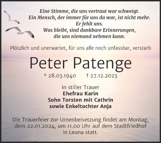 Traueranzeige von Peter Patenge von Trauerkombi Merseburg