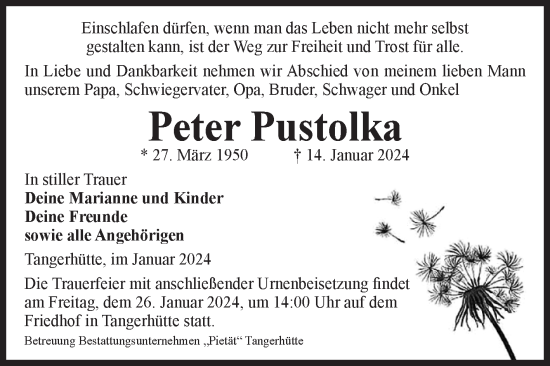 Traueranzeige von Peter Pustolka von Volksstimme Altmark Ost