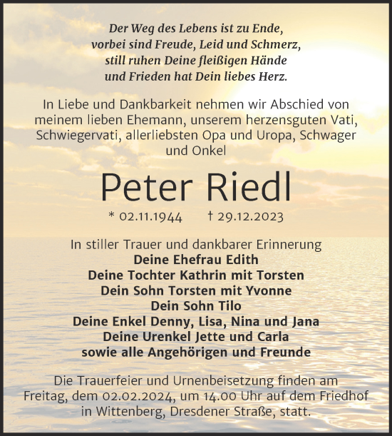 Traueranzeige von Peter Riedl von Trauerkombi Wittenberg