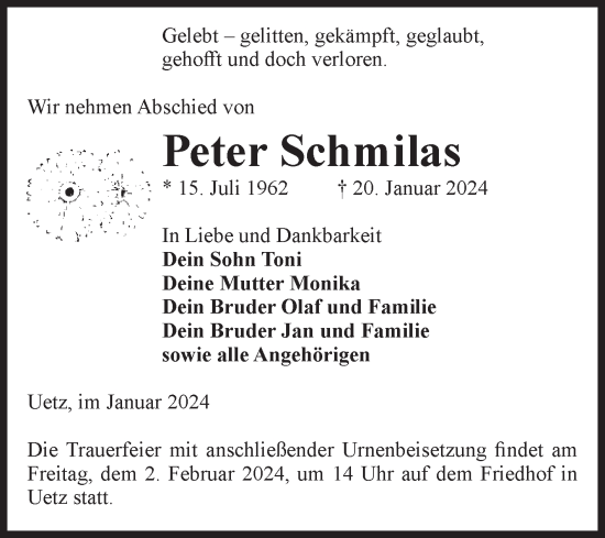 Traueranzeige von Peter Schmilas von Volksstimme Altmark Ost