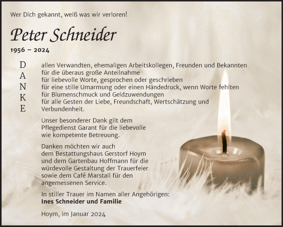 Traueranzeige von Peter Schneider von Trauerkombi Aschersleben