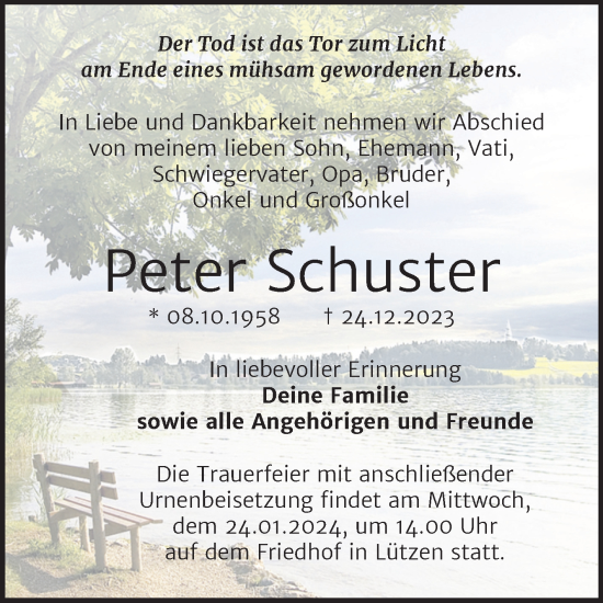 Traueranzeige von Peter Schuster von Trauerkombi Weißenfels