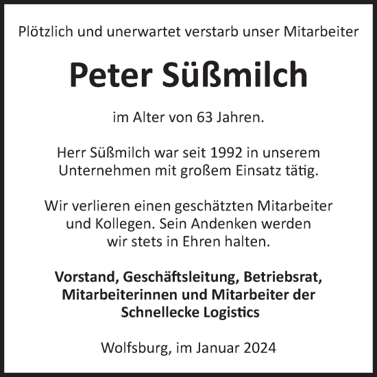 Traueranzeige von Peter Süßmilch von Volksstimme Altmark West