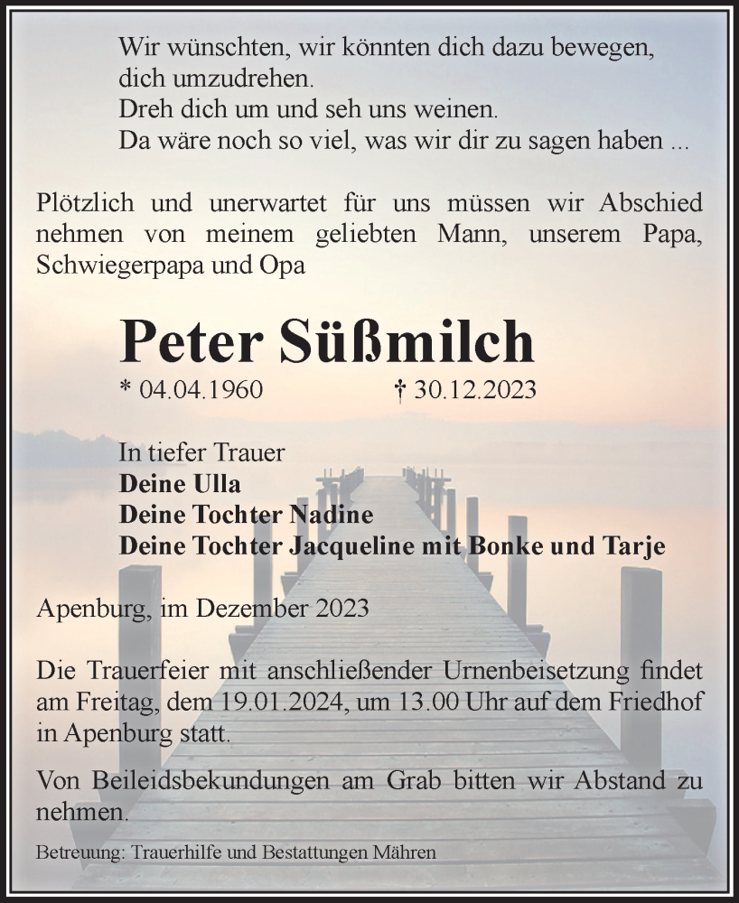  Traueranzeige für Peter Süßmilch vom 04.01.2024 aus Volksstimme Altmark West