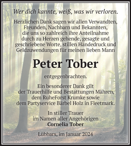 Traueranzeige von Peter Tober von Volksstimme Altmark West