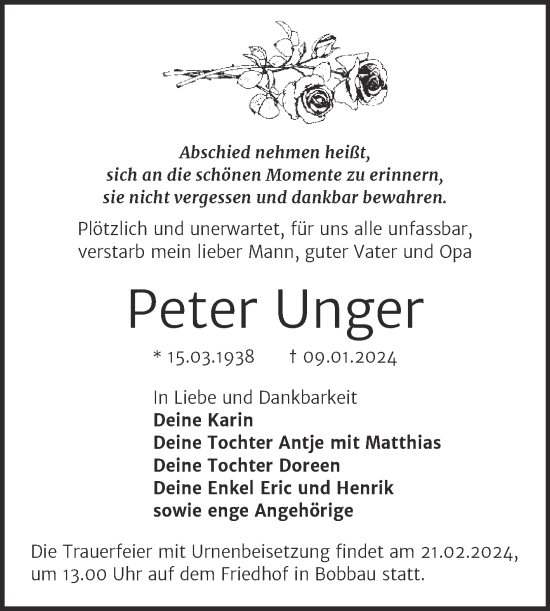Traueranzeige von Peter Unger von Trauerkombi Bitterfeld