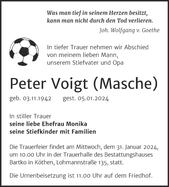 Traueranzeige von Peter Voigt von Trauerkombi Köthen