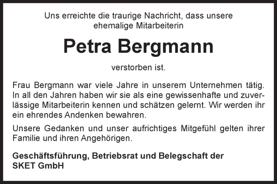 Traueranzeige von Petra Bergmann von Volksstimme Magdeburg
