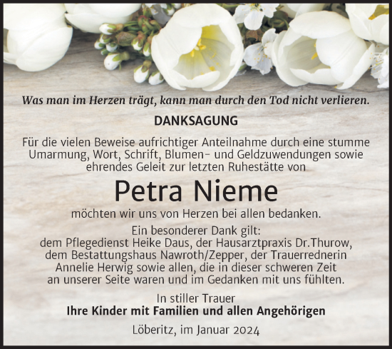 Traueranzeige von Petra Nieme von Trauerkombi Bitterfeld