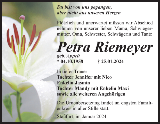 Traueranzeige von Petra Riemeyer von Volksstimme Staßfurt