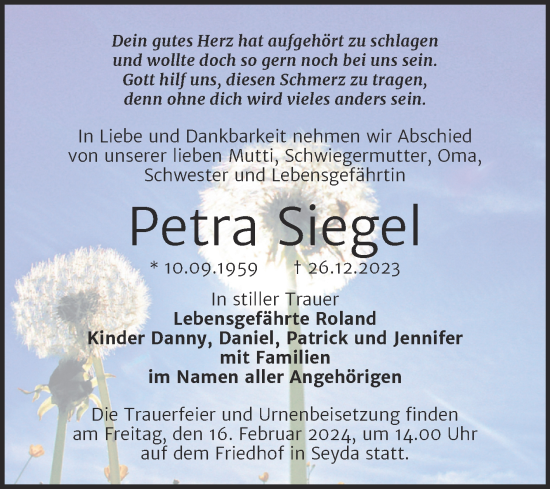 Traueranzeige von Petra Siegel von Trauerkombi Wittenberg