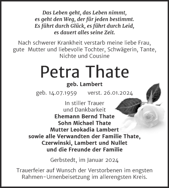 Traueranzeige von Petra Thate von Mitteldeutsche Zeitung Mansfelder Land