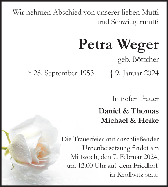 Traueranzeige von Petra Weger von Mitteldeutsche Zeitung Halle/Saalkreis