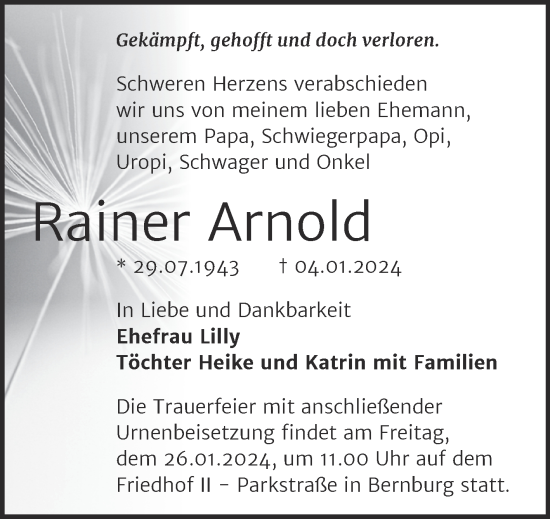 Traueranzeige von Rainer Arnold von Trauerkombi Bernburg