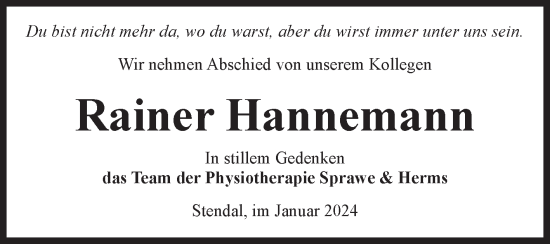 Traueranzeige von Rainer Hannemann von Volksstimme Altmark Ost