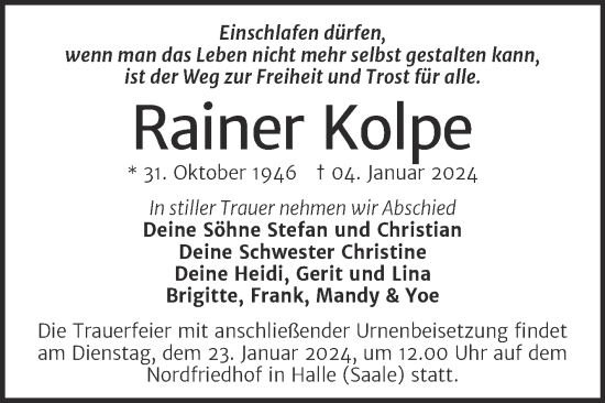 Traueranzeige von Rainer Kolpe von Mitteldeutsche Zeitung Halle/Saalkreis