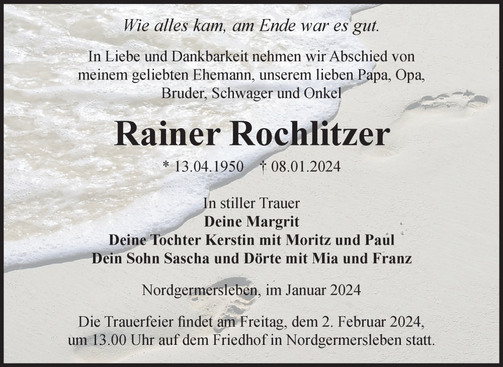  Traueranzeige für Rainer Rochlitzer vom 13.01.2024 aus Volksstimme Haldensleben/Wolmirstedt
