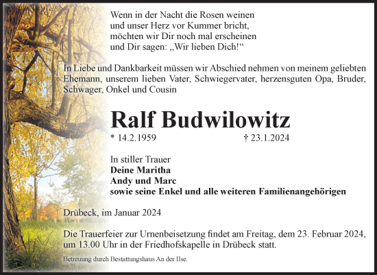 Traueranzeige von Ralf Budwilowitz von Volksstimme Wernigerode