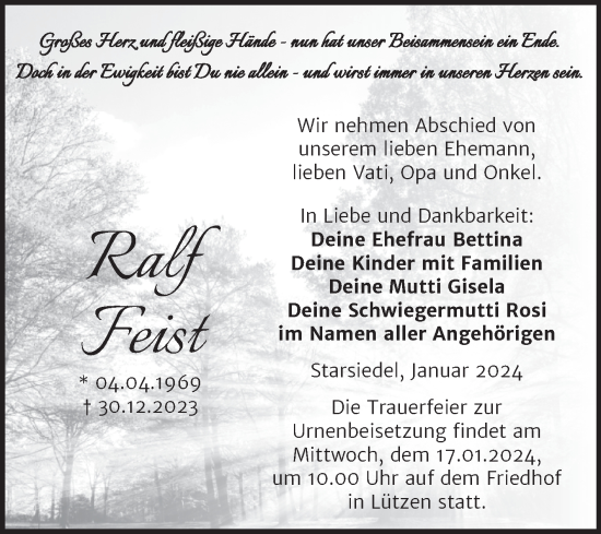 Traueranzeige von Ralf Feist von Trauerkombi Weißenfels