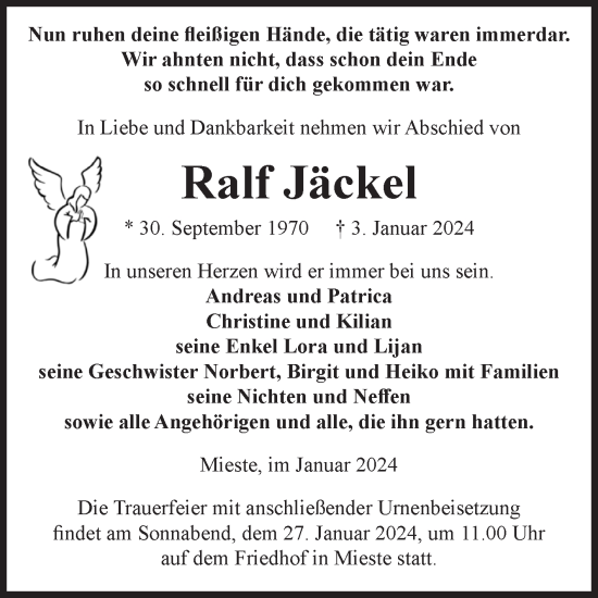 Traueranzeige von Ralf Jäckel von Volksstimme Altmark West