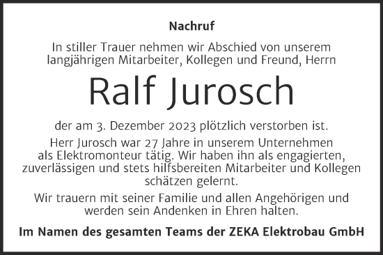 Traueranzeige von Ralf Jurosch von Mitteldeutsche Zeitung Halle/Saalkreis