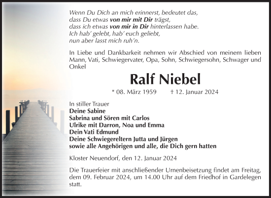 Traueranzeige von Ralf Niebel von Volksstimme Altmark West
