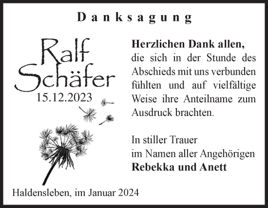 Traueranzeige von Ralf Schäfer von Volksstimme Haldensleben/Wolmirstedt