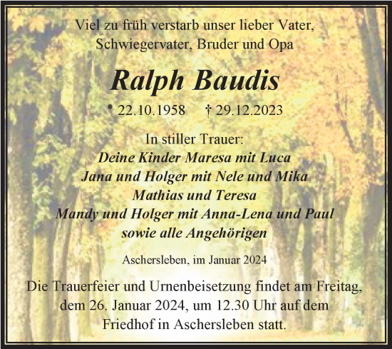 Traueranzeige von Ralph Baudis von Trauerkombi Aschersleben