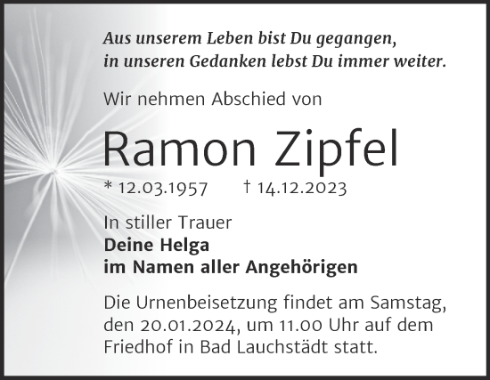 Traueranzeige von Ramon Zipfel von Trauerkombi Merseburg