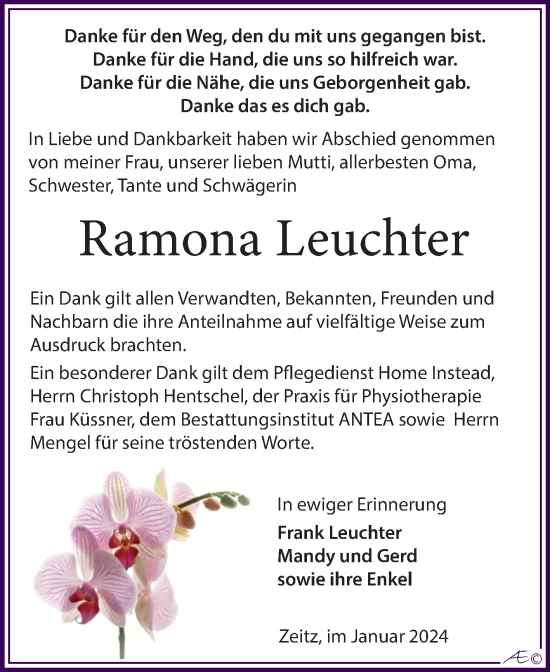 Traueranzeige von Ramona Leuchter von Trauerkombi Zeitz