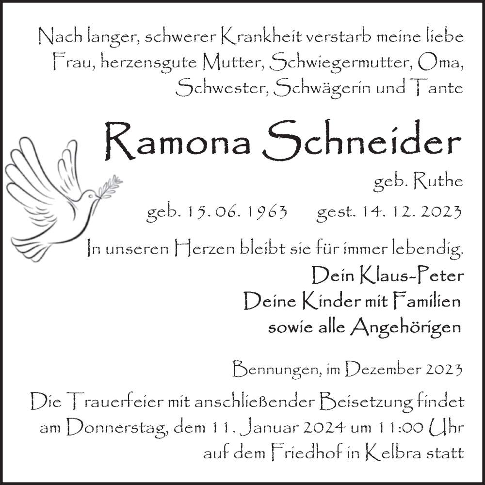 Traueranzeige für Ramona Schneider vom 05.01.2024 aus Trauerkombi Sangerhausen