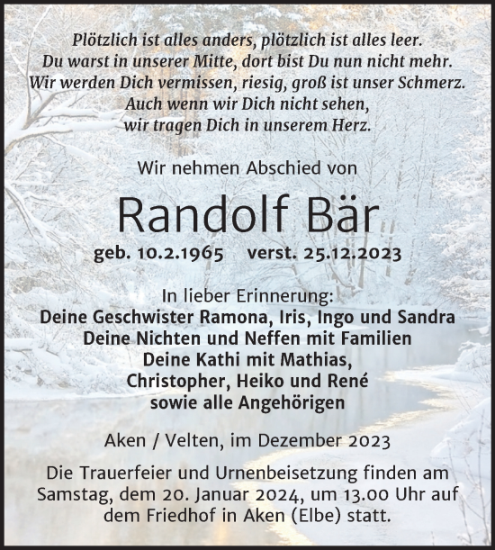 Traueranzeige von Randolf Bär von Trauerkombi Köthen