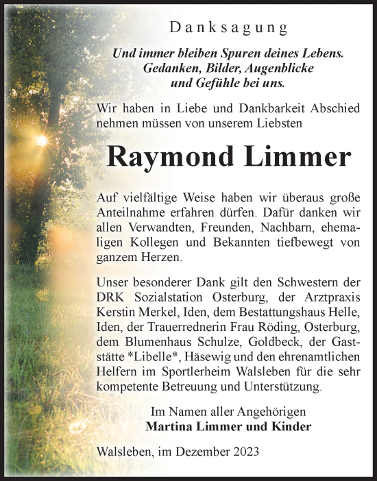 Traueranzeige von Raymond Limmer von Volksstimme Altmark Ost