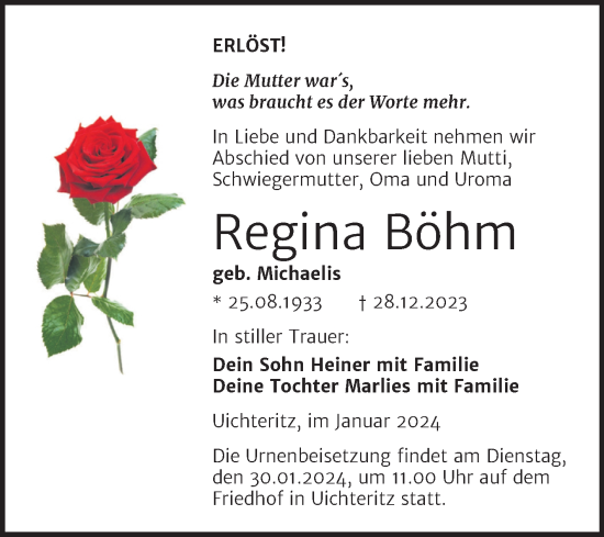 Traueranzeige von Regina Böhm von Trauerkombi Weißenfels