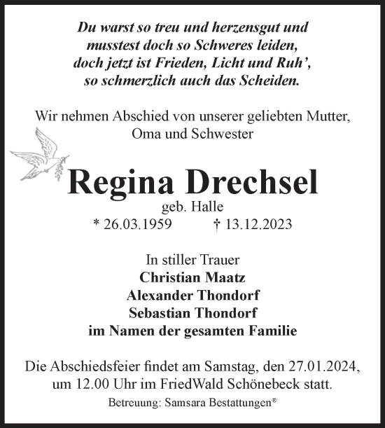 Traueranzeige von Regina Drechsel von Volksstimme Magdeburg