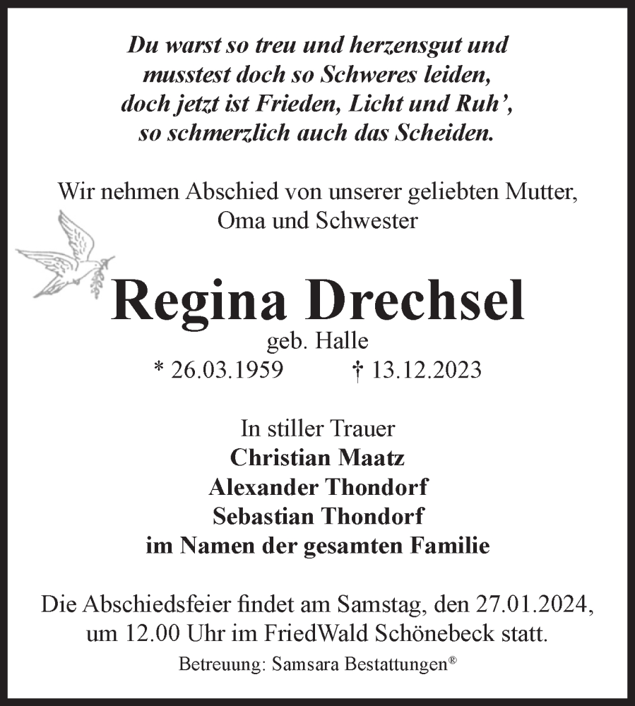  Traueranzeige für Regina Drechsel vom 13.01.2024 aus Volksstimme Magdeburg
