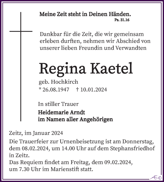 Traueranzeige von Regina Kaetel von Trauerkombi Zeitz