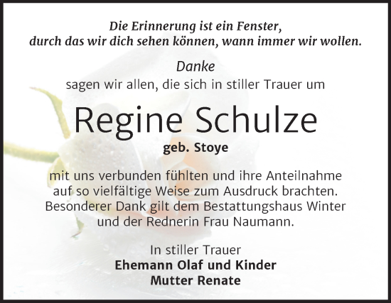 Traueranzeige von Regine Schulze von Trauerkombi Bitterfeld